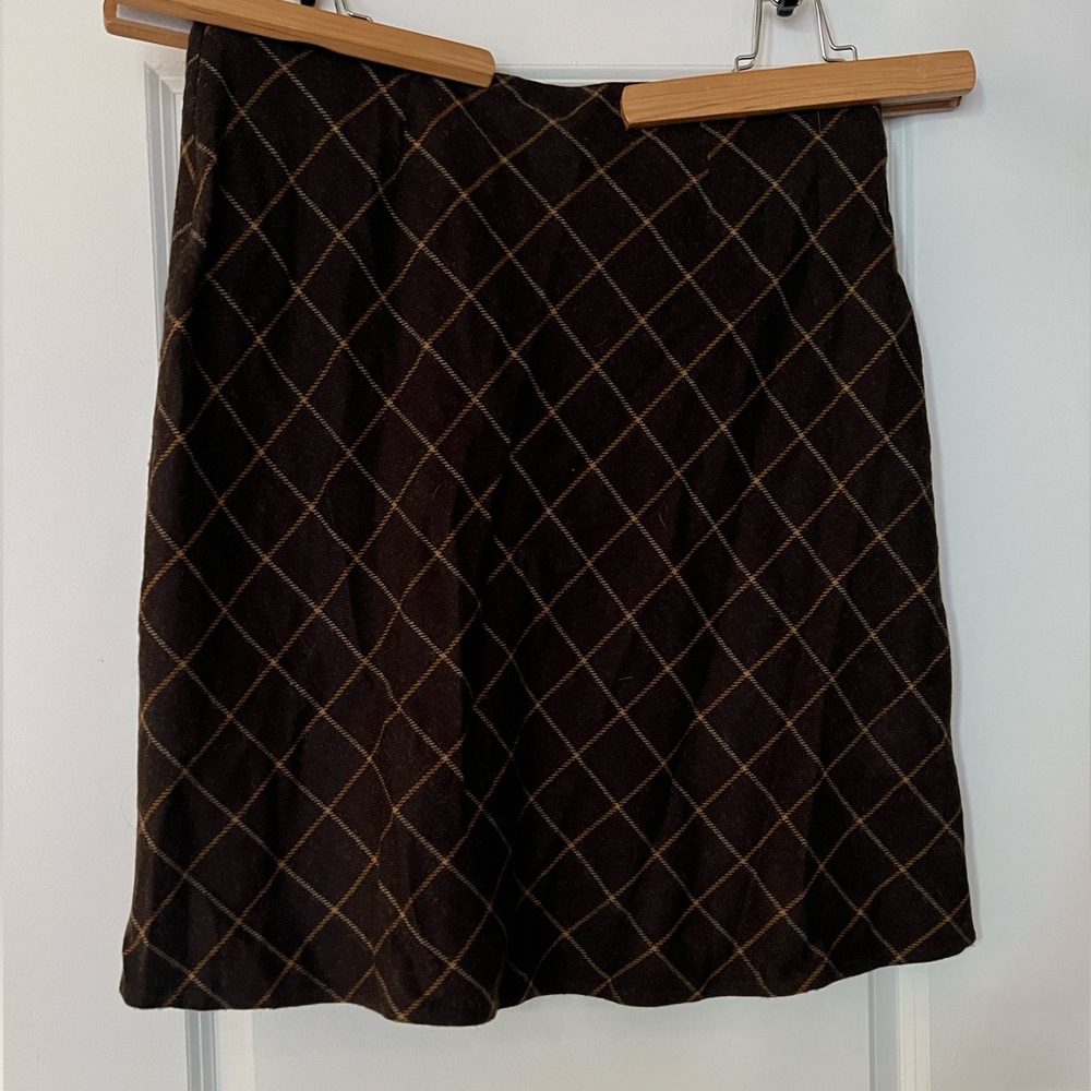 Lands' End Black and Brown Checkered A-Line Wool Skirt